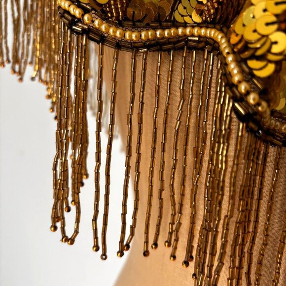 Vintage 1970s Gold Bead & Fringe Chiffon Capelet Shawl Sequin Wrap Scarf - Picture 7 of 8